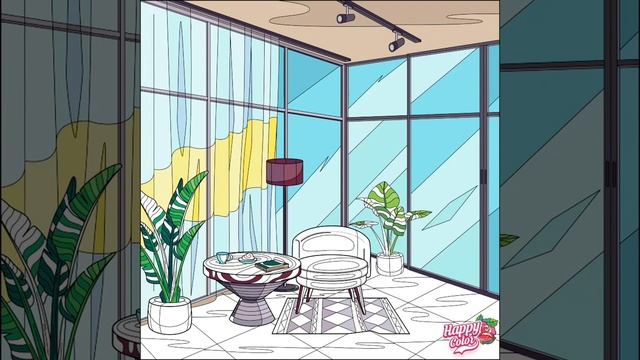 #Раскраска Happy Color. #Дом, #интерьер комнаты с панорамными окнами смотреть онлайн