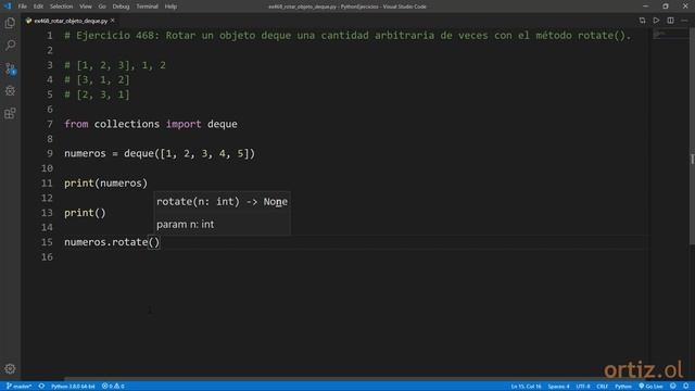 Python - Ejercicio 468: Rotar un Objeto deque una Cantidad Específica de Veces con rotate() смотреть онлайн