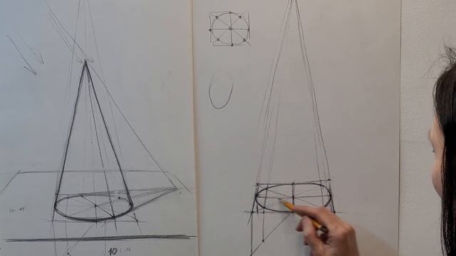 Конструктивное построение конуса с использованием линии горизонта и точки схода смотреть онлайн
