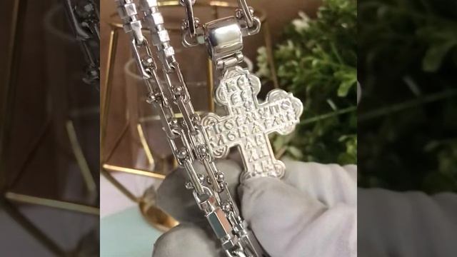 Серебряный крест с ликами святых на цепочке из серебра плетение Испанский Якорь смотреть онлайн