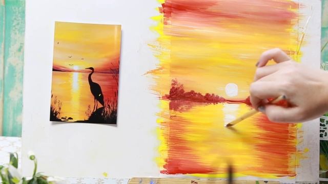 Рисуем закат на озере гуашью. смотреть онлайн