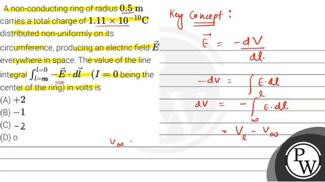 A non-conducting ring of radius \( 0.5 \mathrm{~m} \) carries a total charge of \( 1.11 \times 1... смотреть онлайн