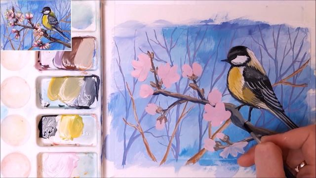 РИСУЕМ ВЕСНУ. КАК НАРИСОВАТЬ ЦВЕТУЩУЮ ВЕТКУ ЯБЛОНИ И СИНИЦУ. КАК НАРИСОВАТЬ ВЕСНУ.РИСУЕМ СИНИЦУ смотреть онлайн