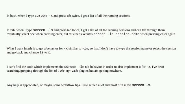 Unix: zsh gnu-screen tab completion for -x flag similar to -ls смотреть онлайн