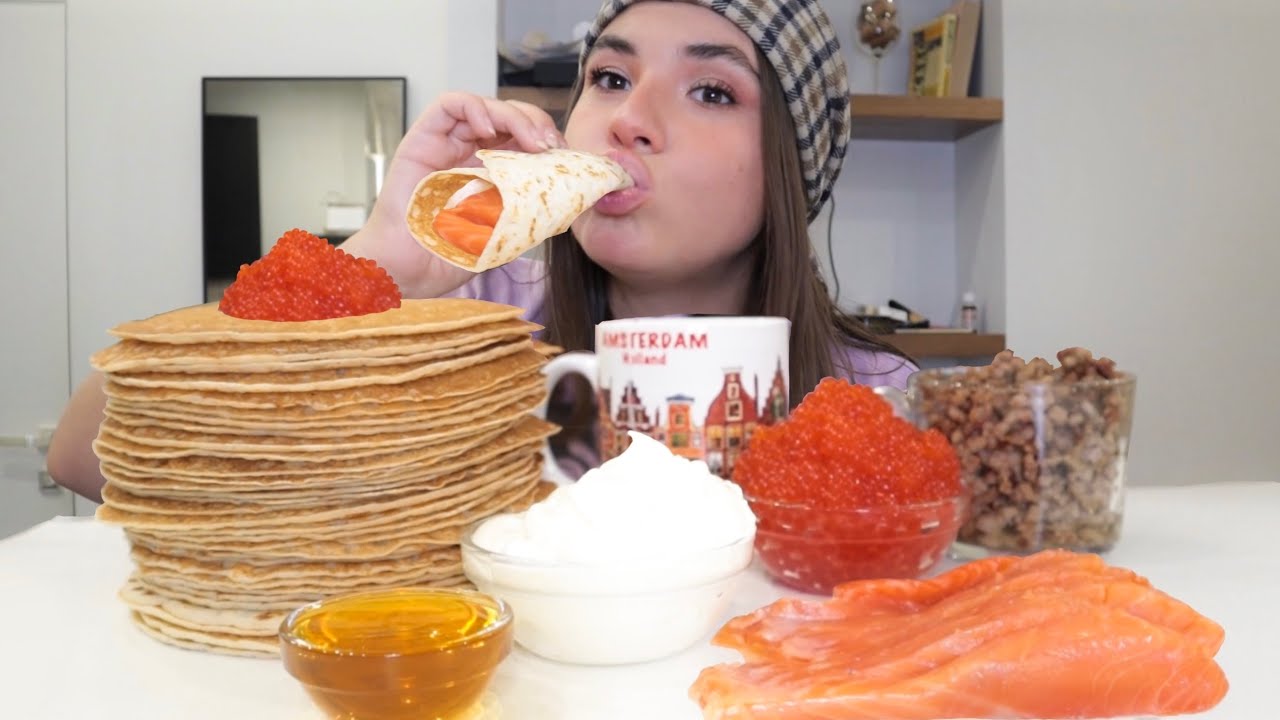 МУКБАНГ • обзор 100 блинов с икрой! Блинчики с икрой и фаршем Pancake (блины Eating) MUKBANG