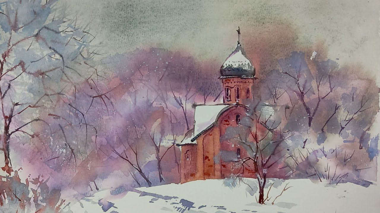 С Рождеством. Новгородская зима. Церковь Петра и Павла в Кожевниках. #watercolor смотреть онлайн