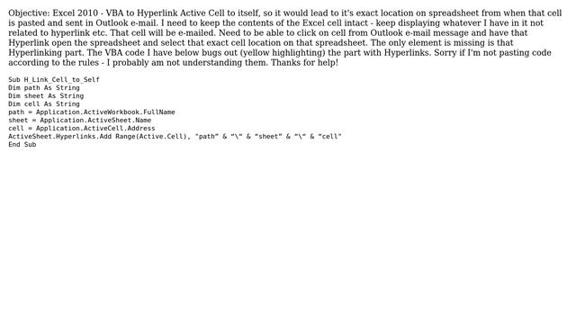 Excel 2010 VBA to Hyperlink Active Cell to itself, so it would lead to it's exact location from... смотреть онлайн