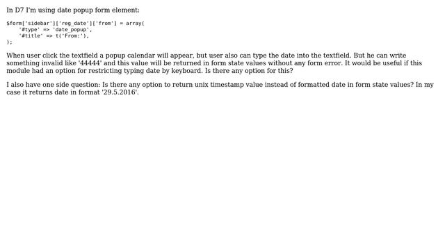 Date popup - how to restrict typing into the textfield and return timestamp instead of formated... смотреть онлайн