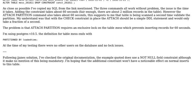 Adding a CHECK constraint doesn't improve performance of ATTACH PARTITION on postgres table смотреть онлайн