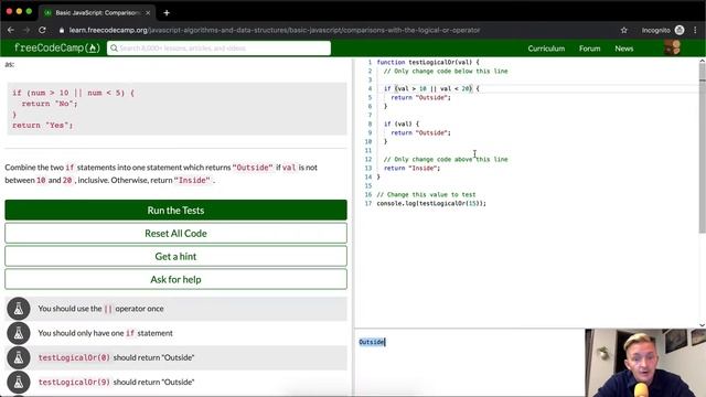 Comparisons with the Logical Or Operator - Free Code Camp смотреть онлайн
