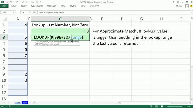 Excel Magic Trick 987: LOOKUP Last Number In Column, Excluding Zeroes смотреть онлайн