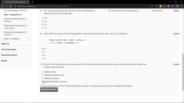 NPTEL The Joy Of Computing Using Python || Week-11 Quiz Assignment Solution || Online Certification смотреть онлайн