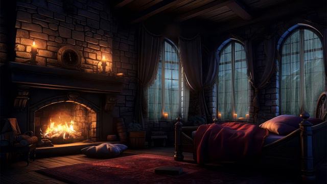 Thunderstorm & Warm Fireplace in Cozy Old Castle Room on The Mountain | Deep Sleep, Relaxation смотреть онлайн