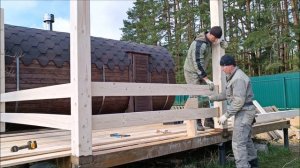 Навес с террасой для бани бочки