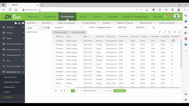 Учет рабочего времени ZKTeco. ПО BioTime 8.0.7 Отчет Опоздания. смотреть онлайн