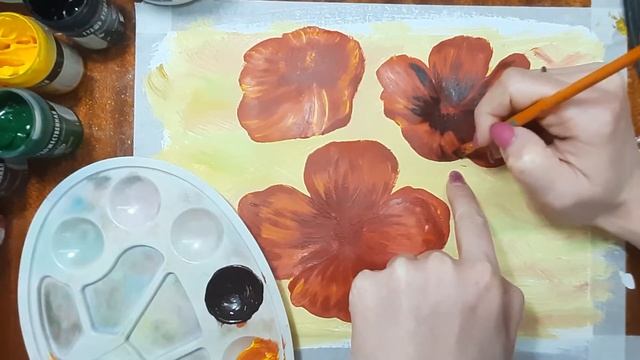 Как нарисовать маки гуашью. Рисуем интерьерные картины. Мастер класс, цветы красками. Рисуем легко. смотреть онлайн