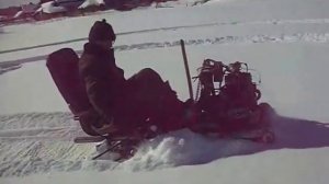 Самодельный снегоход на одной гусенице, с вёслами вместо руля.