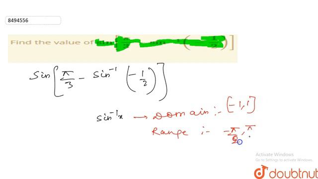 Find the value of `sin[pi/3 - sin^(-1) (- 1/2)]` смотреть онлайн