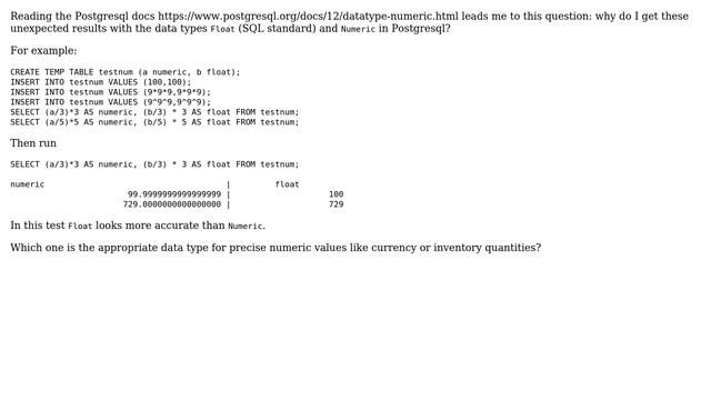 Whats the difference between float and numeric in Postgresql? смотреть онлайн