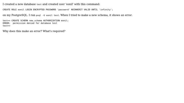 DevOps & SysAdmins: What's the required to make a normal user can create schema on PostgreSQL? смотреть онлайн
