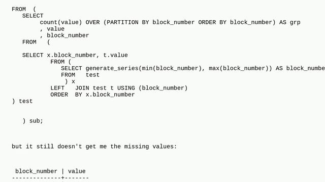 Dba: SQL (Postgres) Filling up missing rows with values from previous row and calculating on resu.. смотреть онлайн