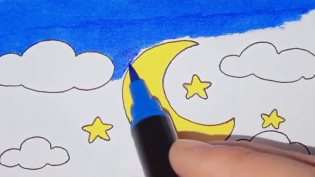 How To Draw Star, Moon, Clouds & Sky | Draw & Color Tutorial смотреть онлайн