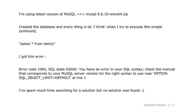 MySQL : Error code 1064, SQL state 42000: You have an error in your SQL syntax; смотреть онлайн