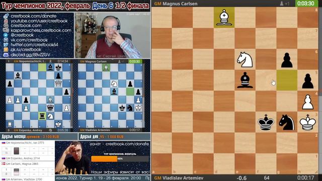 1/2! Карлсен - Артемьев, Непомнящий - Есипенко! 🏆 Тур чемпионов. День 6 🎤 Сергей Шипов ♕ Шахматы смотреть онлайн