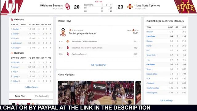 OKLAHOMA VS IOWA STATE LIVE - NCAAM Basketball Game Score FEB 28, 2024 смотреть онлайн