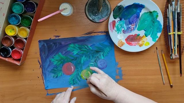 Рисуем с нуля. Этюд для начинающих. Рождественский мотив. Ветка с новогодними игрушками. Гуашь. смотреть онлайн