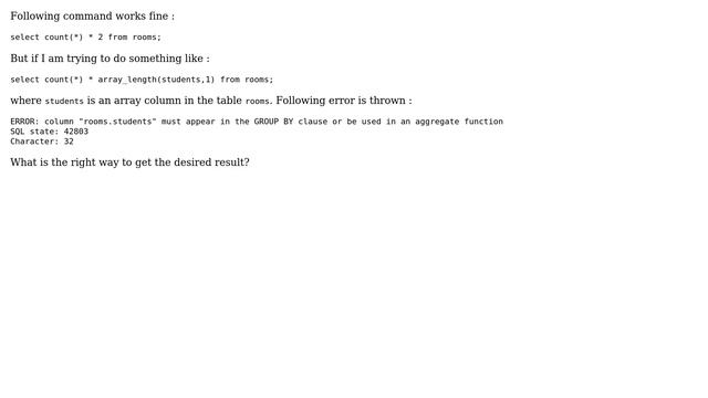 Databases: Postgres : Multiply length of array to count aggregate result смотреть онлайн