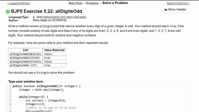 Java Practice It | Exercise 5.22: allDigitsOdd | if, else, Boolean logic, method basics, return смотреть онлайн