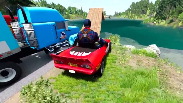 Mack truck vs Dinoco vs Impossible Log Wave Bridge Truck Car Rescue -Cars vs Deep Water-BeamNG.driv смотреть онлайн