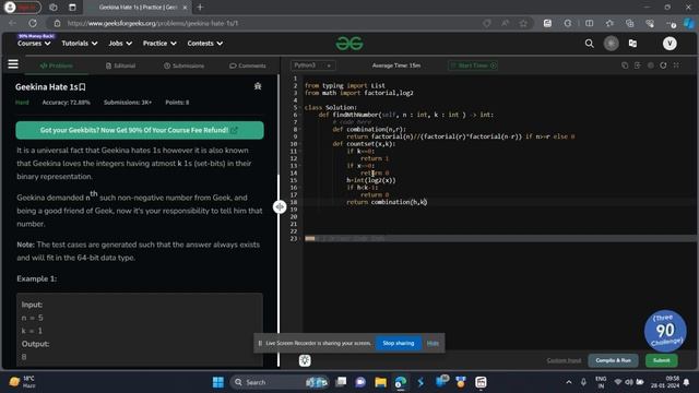 Geekina Hate 1s Nth number with at most k set bits python gfg problem of the day python solution смотреть онлайн