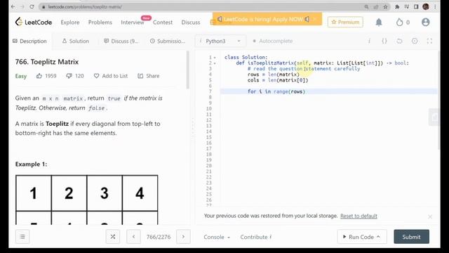 766. Toeplitz Matrix | LeetCode Solution Series | Python3 | omnyevolutions смотреть онлайн