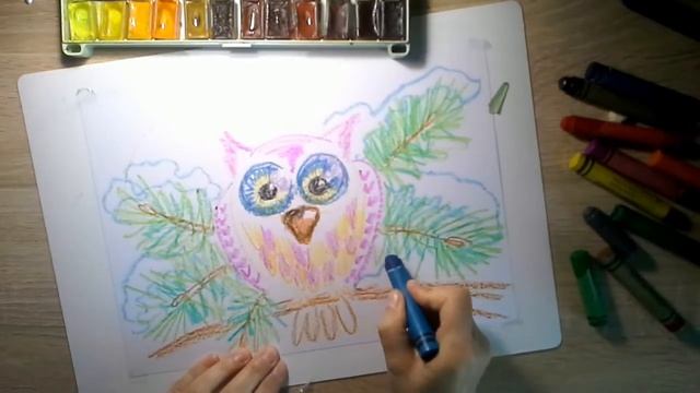 Учимся рисовать СОВУ, луну, ночь, снежинки, хвою акварелью и восковыми мелками. смотреть онлайн
