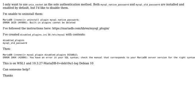 Databases: How can I disable mysql_native_password and mysql_old_password on MariaDB / MySQL? смотреть онлайн