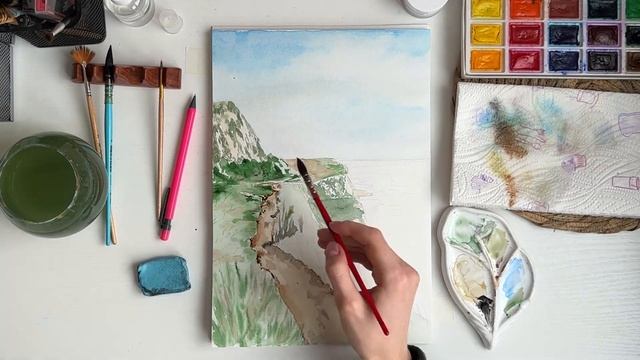 Рисуем акварелью: скалы у моря смотреть онлайн