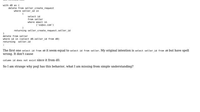 Databases: PSQL cte delete seem have have ambiguity when select same column from delete table смотреть онлайн
