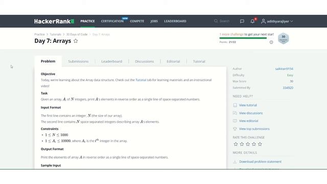 Hackerrank 30 Days Of Code | Day 7 Arrays смотреть онлайн