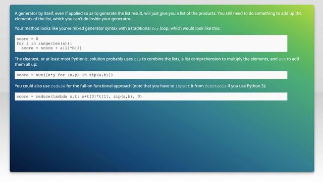 How can I sum the product of two list items using for loop in python? смотреть онлайн