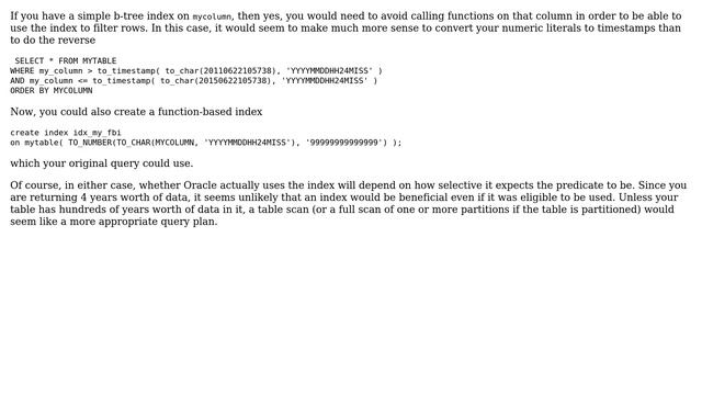 Databases: Is index performance on a TIMESTAMP(6) column impacted when converting it to a number смотреть онлайн