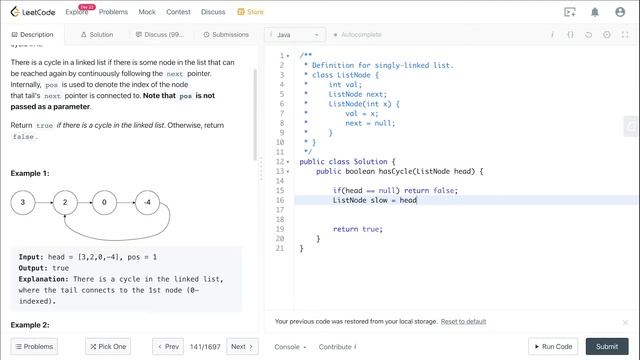 [Решение на Java] 141. Linked List Cycle. LeetCode задача для Amazon, Microsoft, Apple, Facebook... смотреть онлайн