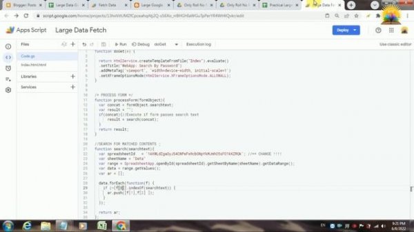 Large Google Sheet Data Search on Web page II  get and Display data from google sheet