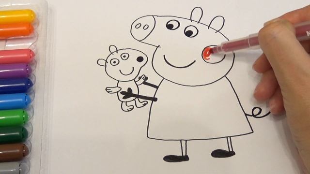 РАСКРАСКА для детей СВИНКА ПЕППА Как нарисовать ПЕППУ с мишкой Тедди из мультика Peppa Pig смотреть онлайн