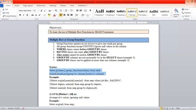 Multiple row functions (group by and having clause) смотреть онлайн