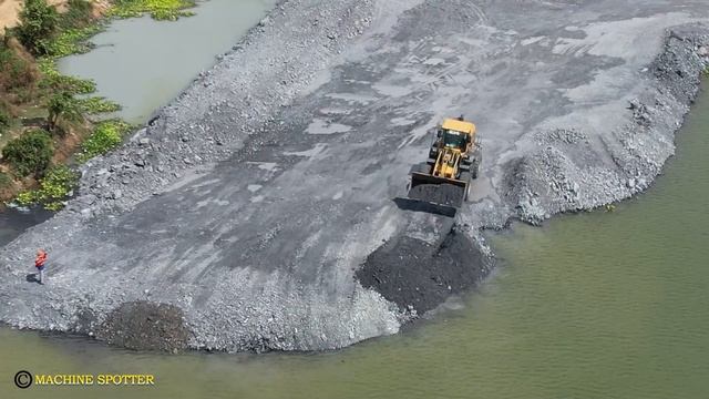 Adding More Stones Trucks To Solve The Fast Road Construction Cross Lake With Dozer Pushing Stones смотреть онлайн