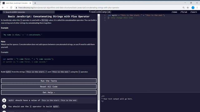 Basic JavaScript (26/111) | Concatenating Strings with Plus Operator смотреть онлайн