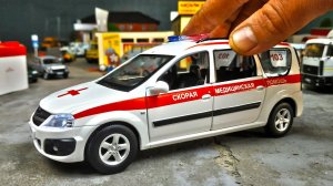 Моделька машины ЛАРГУС СКОРАЯ ПОМОЩЬ со светом и звуком масштаб 1/24 Автопанорама. Про машинки.