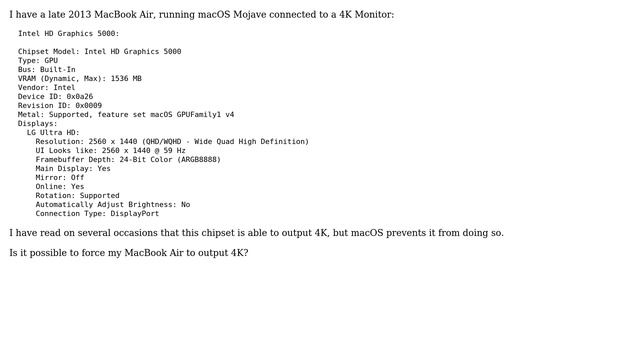 Apple: Forcing Intel HD Graphics 5000 on a 2013 MacBook Air to output 4K смотреть онлайн